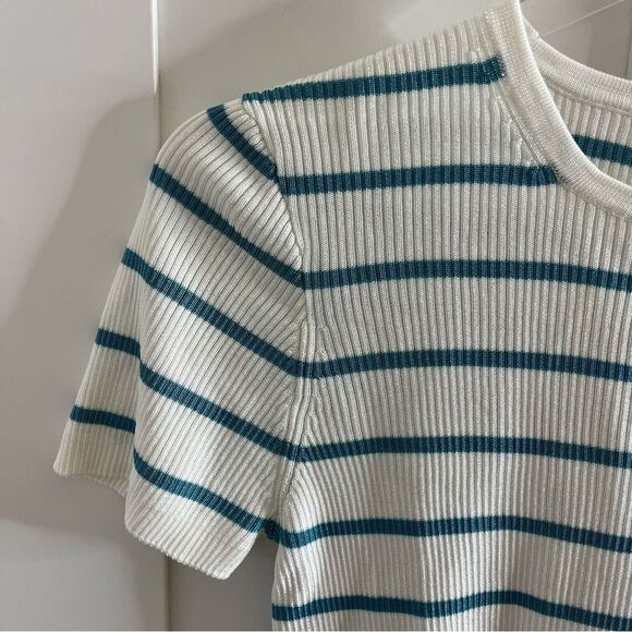 Madewell Cropped Crewneck Sweater Tee Ribbed Striped Blue white sz small NWOT - Picture 7 of 13